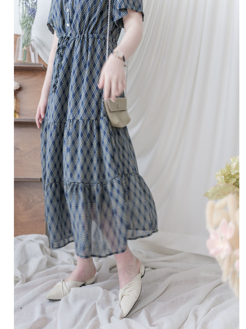 Ruffle Collar Rhombus Dress 花邊領口菱格紋雪紡連身裙/ DS9994