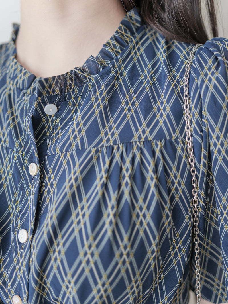 Ruffle Collar Rhombus Dress 花邊領口菱格紋雪紡連身裙/ DS9994