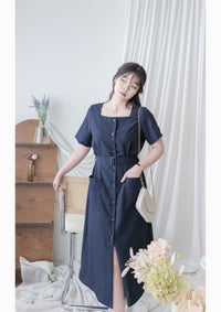（BEST Intent made 獨家款）Navy Belt Dress 深藍方領口藍調雲石方釦腰帶連身裙/ DS3001