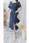 （BEST Intent made 獨家款）Navy Belt Dress 深藍方領口藍調雲石方釦腰帶連身裙/ DS3001