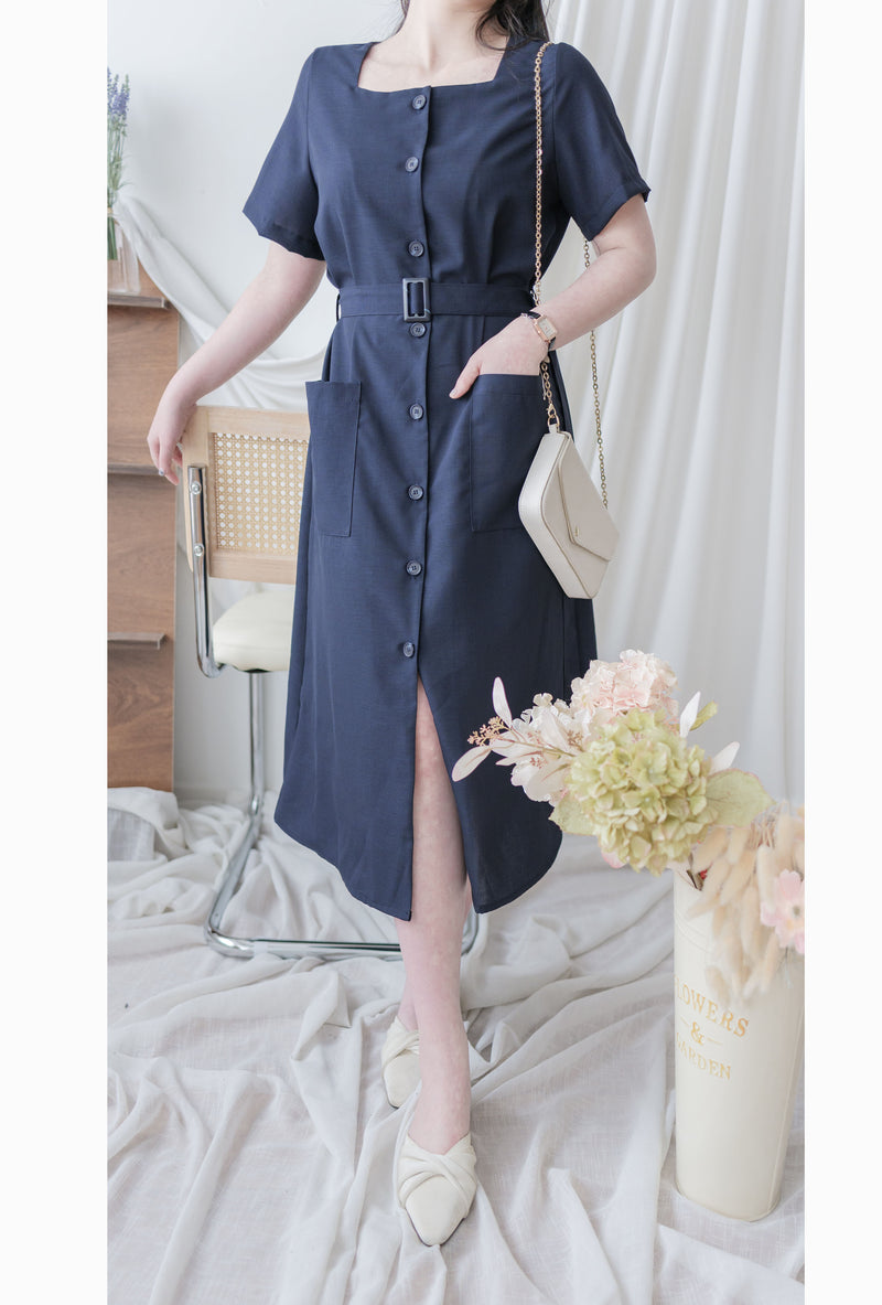 （BEST Intent made 獨家款）Navy Belt Dress 深藍方領口藍調雲石方釦腰帶連身裙/ DS3001