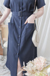 （BEST Intent made 獨家款）Navy Belt Dress 深藍方領口藍調雲石方釦腰帶連身裙/ DS3001