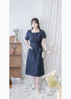 （BEST Intent made 獨家款）Navy Belt Dress 深藍方領口藍調雲石方釦腰帶連身裙/ DS3001