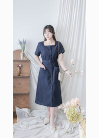 （BEST Intent made 獨家款）Navy Belt Dress 深藍方領口藍調雲石方釦腰帶連身裙/ DS3001
