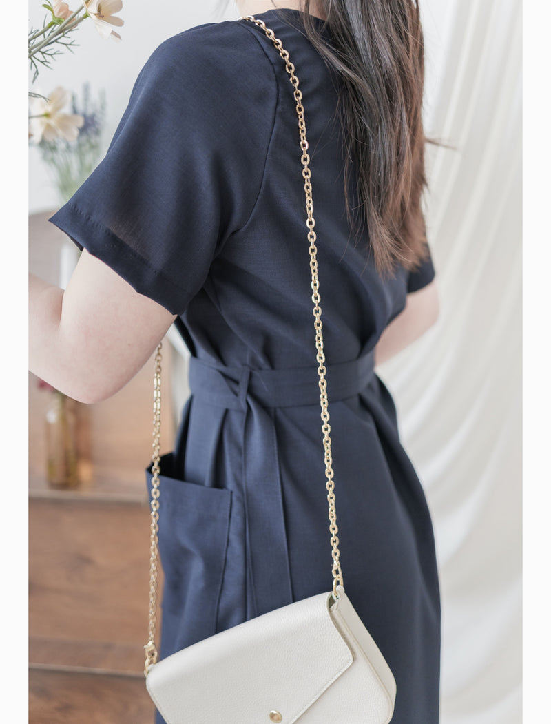 （BEST Intent made 獨家款）Navy Belt Dress 深藍方領口藍調雲石方釦腰帶連身裙/ DS3001