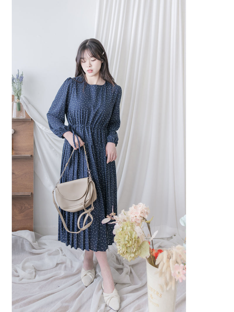 Heart Pleated Dress 側束腰愛心印花腰下百褶連衣裙/ DS9999 (pre-order navy 10月9截單)
