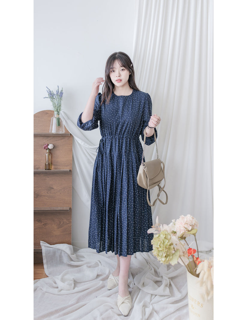 Heart Pleated Dress 側束腰愛心印花腰下百褶連衣裙/ DS9999 (pre-order navy 10月9截單)