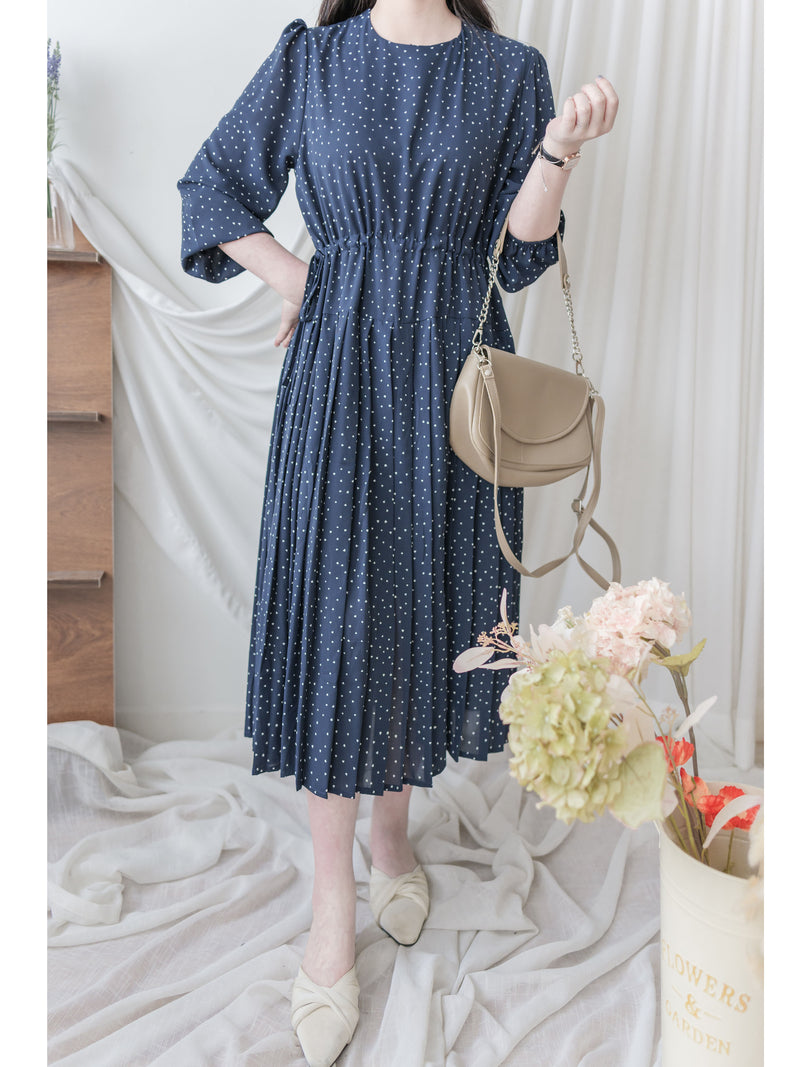 Heart Pleated Dress 側束腰愛心印花腰下百褶連衣裙/ DS9999 (pre-order navy 10月9截單)