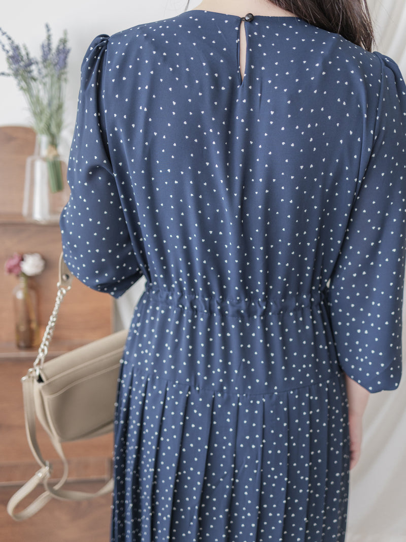 Heart Pleated Dress 側束腰愛心印花腰下百褶連衣裙/ DS9999 (pre-order navy 10月9截單)