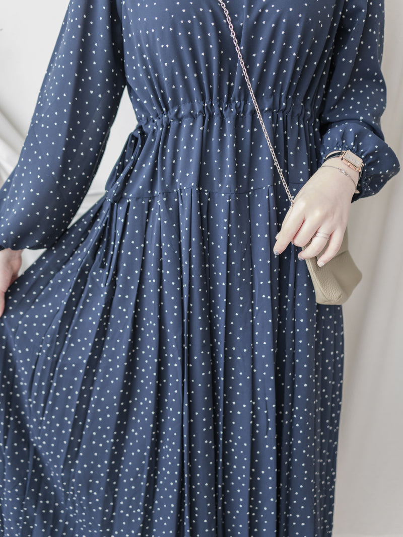 Heart Pleated Dress 側束腰愛心印花腰下百褶連衣裙/ DS9999 (pre-order navy 10月9截單)