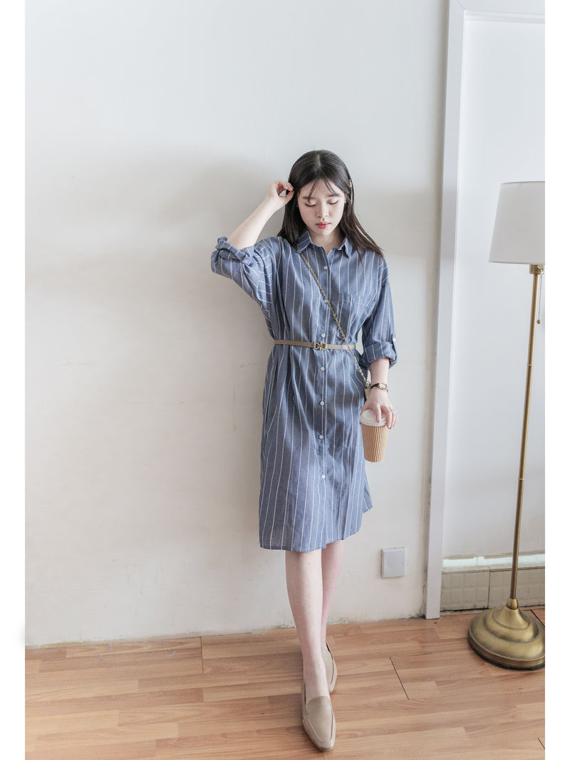 Shirt Stripe Dress 寬鬆微修身感直條紋恤衫裙 （可當外套) / DS1000