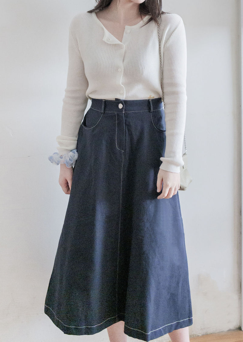 （BEST Intent made 獨家款）Border Skirt 舒適細線花紋鈕扣百搭長裙/ SK3001
