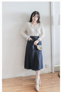 （BEST Intent made 獨家款）Border Skirt 舒適細線花紋鈕扣百搭長裙/ SK3001