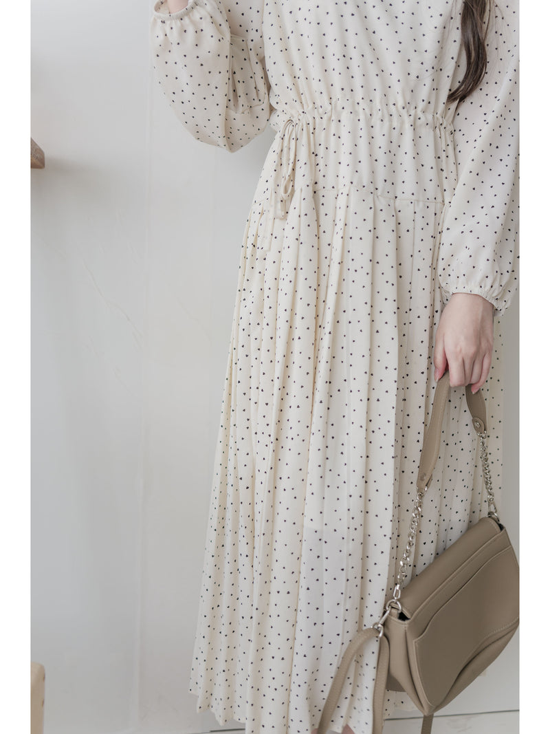Heart Pleated Dress 側束腰愛心印花腰下百褶連衣裙/ DS9999 (pre-order navy 10月9截單)