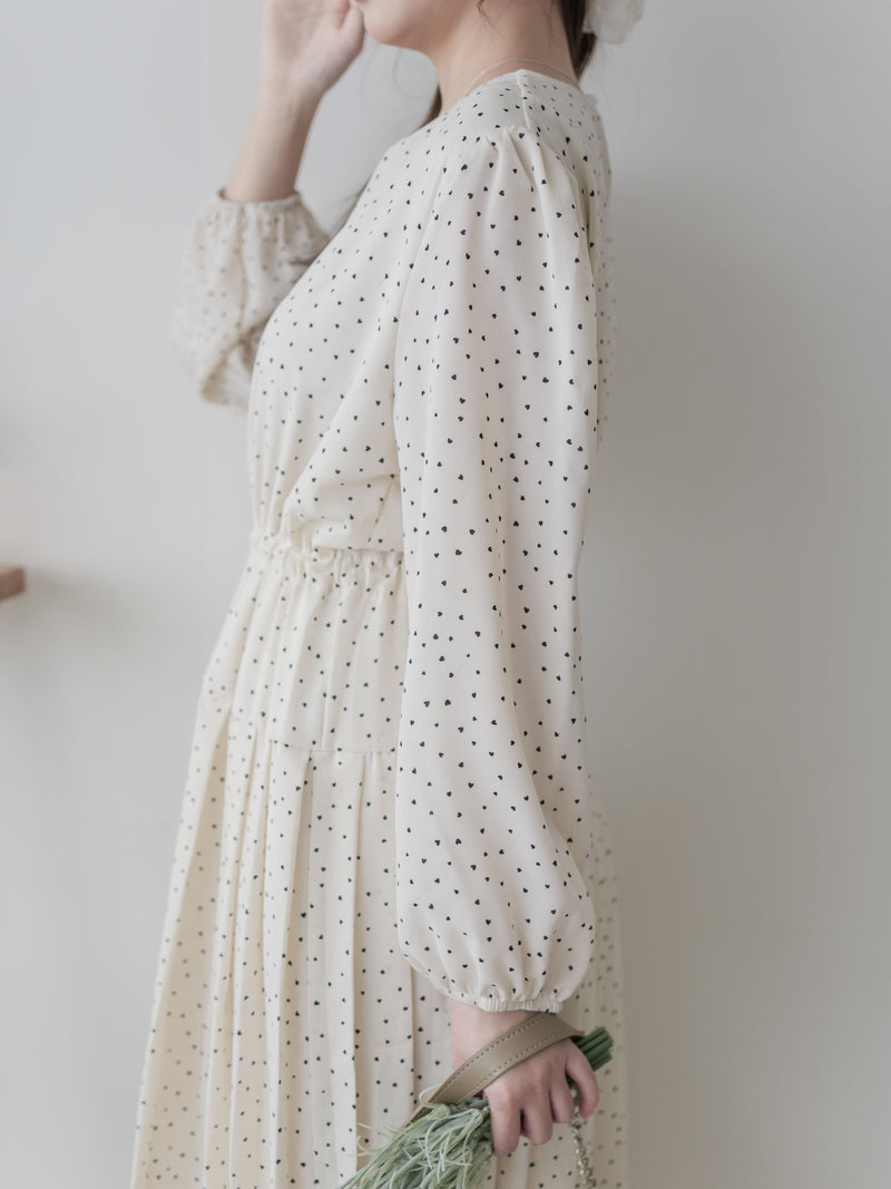 Heart Pleated Dress 側束腰愛心印花腰下百褶連衣裙/ DS9999 (pre-order navy 10月9截單)