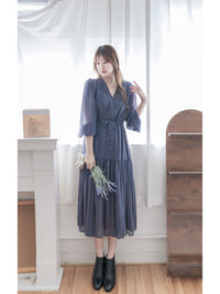 Misty Blue Chiffon Dress 霧藍民族印花束腰飄逸裙擺連身裙/ DS9989 (pre-order 10月9截單)