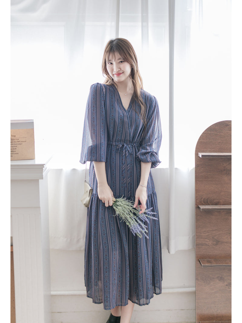 Misty Blue Chiffon Dress 霧藍民族印花束腰飄逸裙擺連身裙/ DS9989 (pre-order 10月9截單)