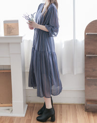 Misty Blue Chiffon Dress 霧藍民族印花束腰飄逸裙擺連身裙/ DS9989 (pre-order 10月9截單)