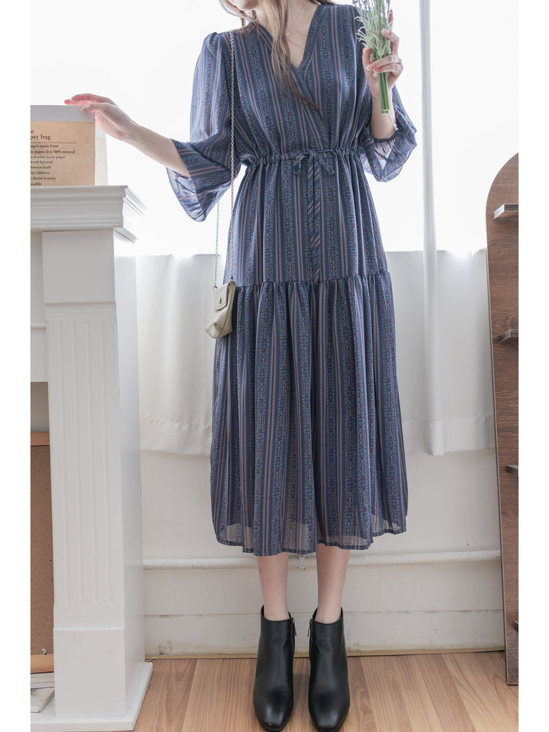 Misty Blue Chiffon Dress 霧藍民族印花束腰飄逸裙擺連身裙/ DS9989 (pre-order 10月9截單)