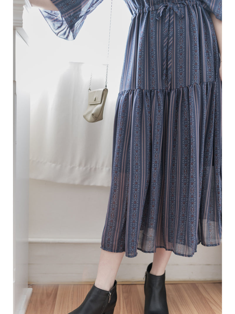Misty Blue Chiffon Dress 霧藍民族印花束腰飄逸裙擺連身裙/ DS9989 (pre-order 10月9截單)