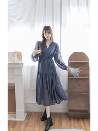 Misty Blue Chiffon Dress 霧藍民族印花束腰飄逸裙擺連身裙/ DS9989 (pre-order 10月9截單)