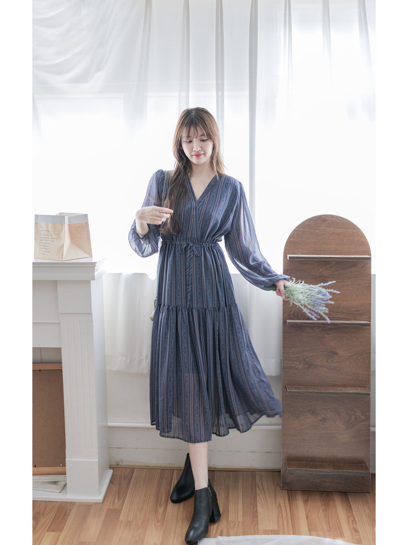 Misty Blue Chiffon Dress 霧藍民族印花束腰飄逸裙擺連身裙/ DS9989 (pre-order 10月9截單)