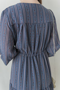 Misty Blue Chiffon Dress 霧藍民族印花束腰飄逸裙擺連身裙/ DS9989 (pre-order 10月9截單)
