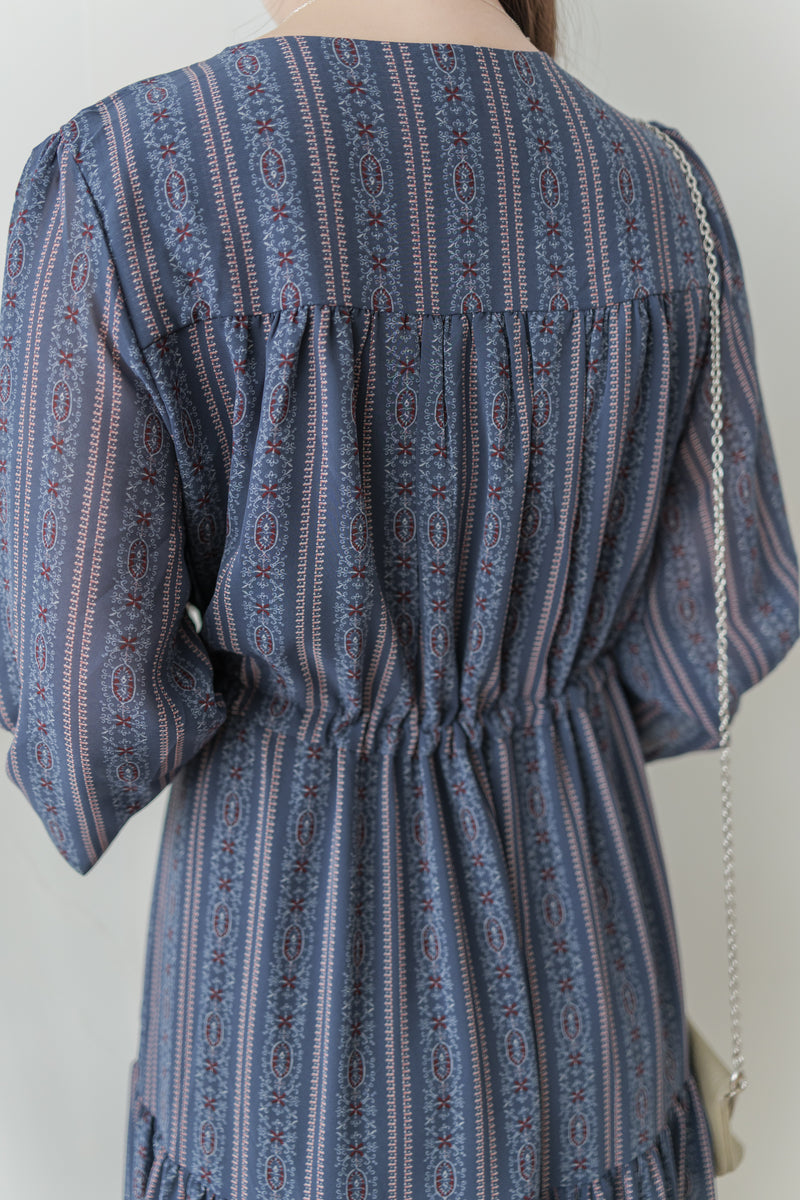 Misty Blue Chiffon Dress 霧藍民族印花束腰飄逸裙擺連身裙/ DS9989 (pre-order 10月9截單)