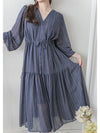 Misty Blue Chiffon Dress 霧藍民族印花束腰飄逸裙擺連身裙/ DS9989 (pre-order 10月9截單)