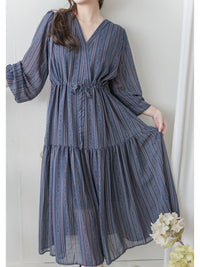 Misty Blue Chiffon Dress 霧藍民族印花束腰飄逸裙擺連身裙/ DS9989 (pre-order 10月9截單)
