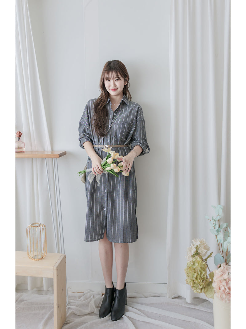 Shirt Stripe Dress 寬鬆微修身感直條紋恤衫裙 （可當外套) / DS1000