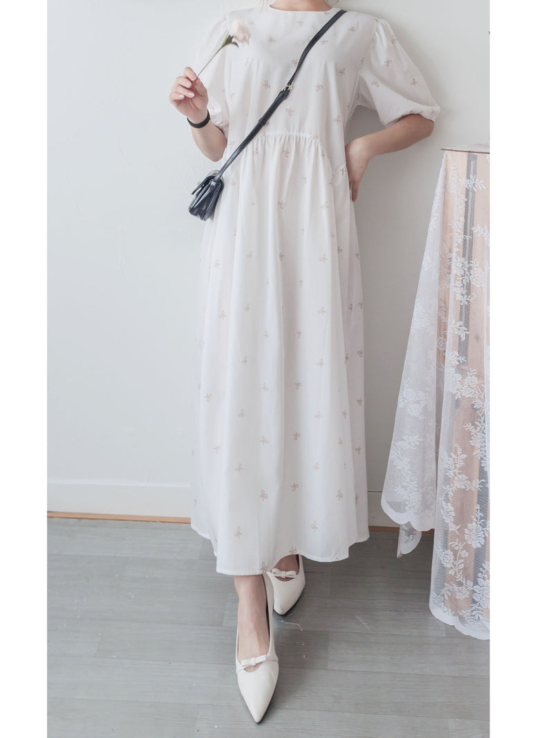 Beige Ribbon, Dress 粉杏蝴蝶印花寬鬆日常弧腰線長裙/ DS9596