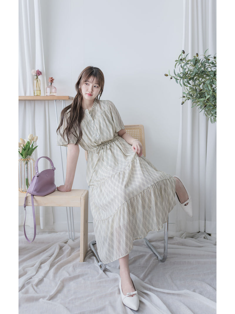 Ruffle Collar Rhombus Dress 花邊領口菱格紋雪紡連身裙/ DS9994