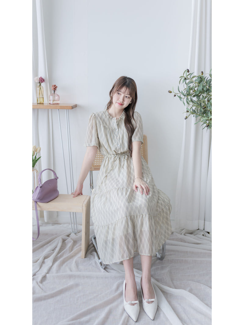 Ruffle Collar Rhombus Dress 花邊領口菱格紋雪紡連身裙/ DS9994