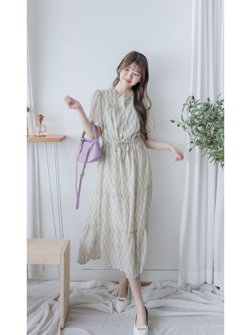 Ruffle Collar Rhombus Dress 花邊領口菱格紋雪紡連身裙/ DS9994