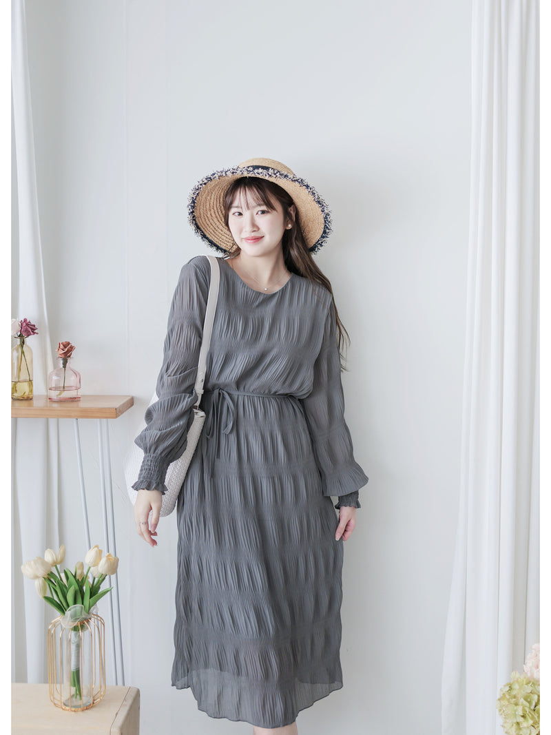 Ruffle Dress 雪紡全裡布皺紋細褶手袖修腰連身裙/ DS9990 (pre-order 10月9截單)