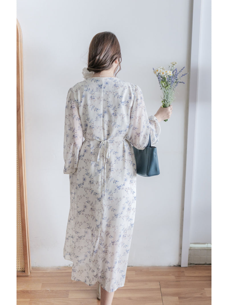 Lavender Daisy Dress 紫藍線條花顯腿長弧腰身口袋連身裙/ DS9997 (pre-order 10月9截單)