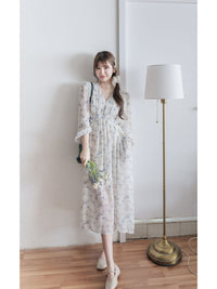 Lavender Daisy Dress 紫藍線條花顯腿長弧腰身口袋連身裙/ DS9997 (pre-order 10月9截單)