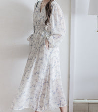 Lavender Daisy Dress 紫藍線條花顯腿長弧腰身口袋連身裙/ DS9997 (pre-order 10月9截單)