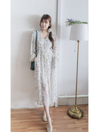 Lavender Daisy Dress 紫藍線條花顯腿長弧腰身口袋連身裙/ DS9997 (pre-order 10月9截單)