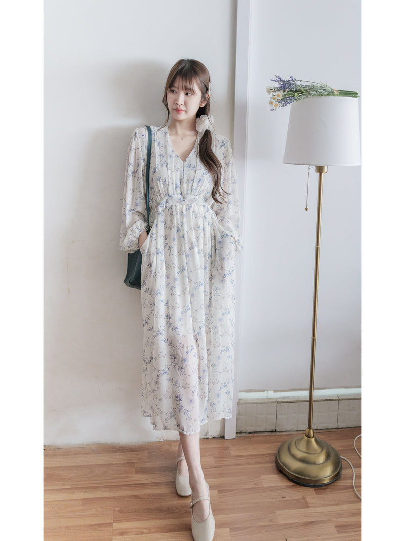Lavender Daisy Dress 紫藍線條花顯腿長弧腰身口袋連身裙/ DS9997 (pre-order 10月9截單)