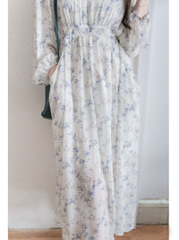 Lavender Daisy Dress 紫藍線條花顯腿長弧腰身口袋連身裙/ DS9997 (pre-order 10月9截單)