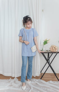 （ Hollow Stripe 木耳邊衣領通花條紋布長上衣, Top/ BU9055