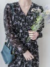Lavender Daisy Dress 紫藍線條花顯腿長弧腰身口袋連身裙/ DS9997 (pre-order 10月9截單)