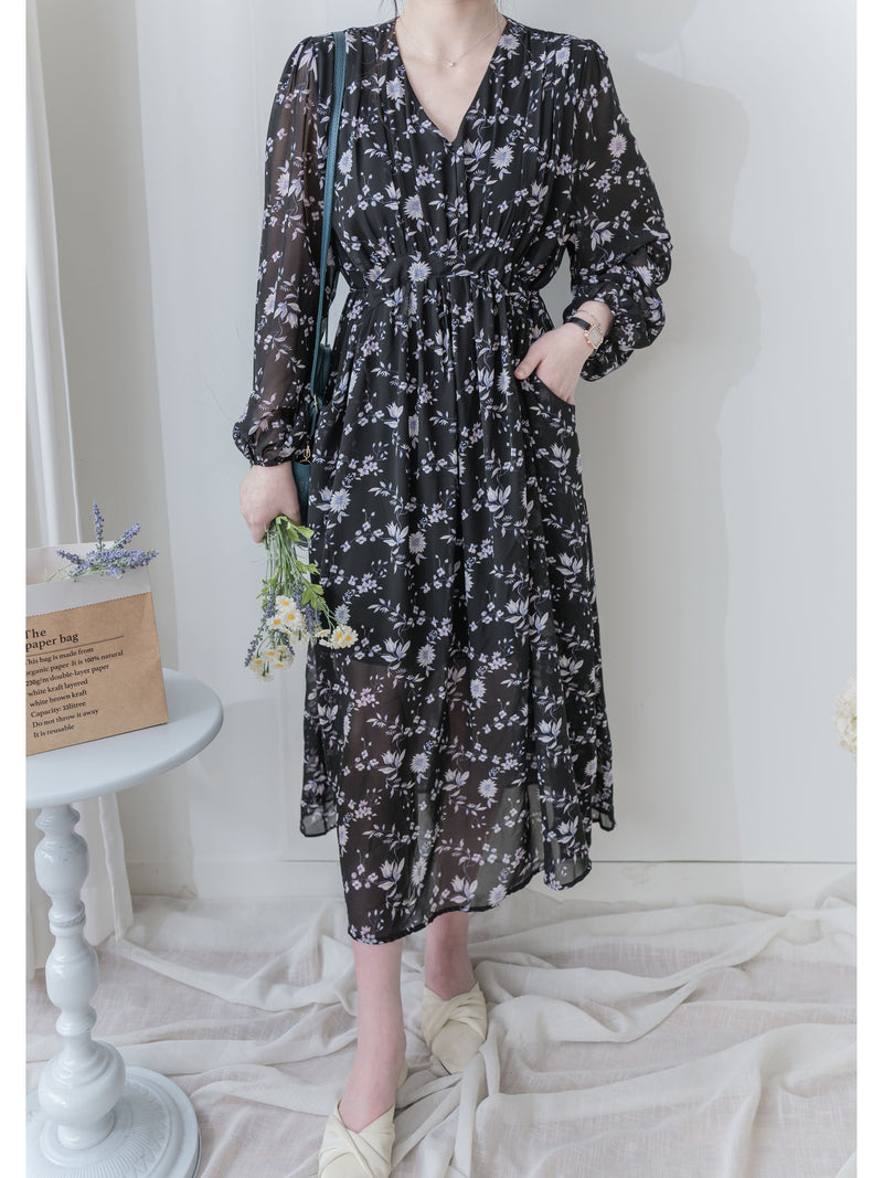 Lavender Daisy Dress 紫藍線條花顯腿長弧腰身口袋連身裙/ DS9997 (pre-order 10月9截單)