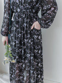 Lavender Daisy Dress 紫藍線條花顯腿長弧腰身口袋連身裙/ DS9997 (pre-order 10月9截單)