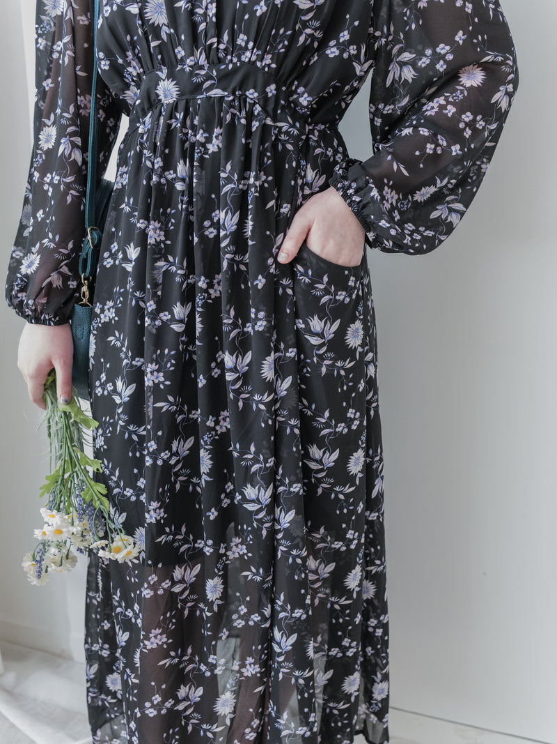 Lavender Daisy Dress 紫藍線條花顯腿長弧腰身口袋連身裙/ DS9997 (pre-order 10月9截單)