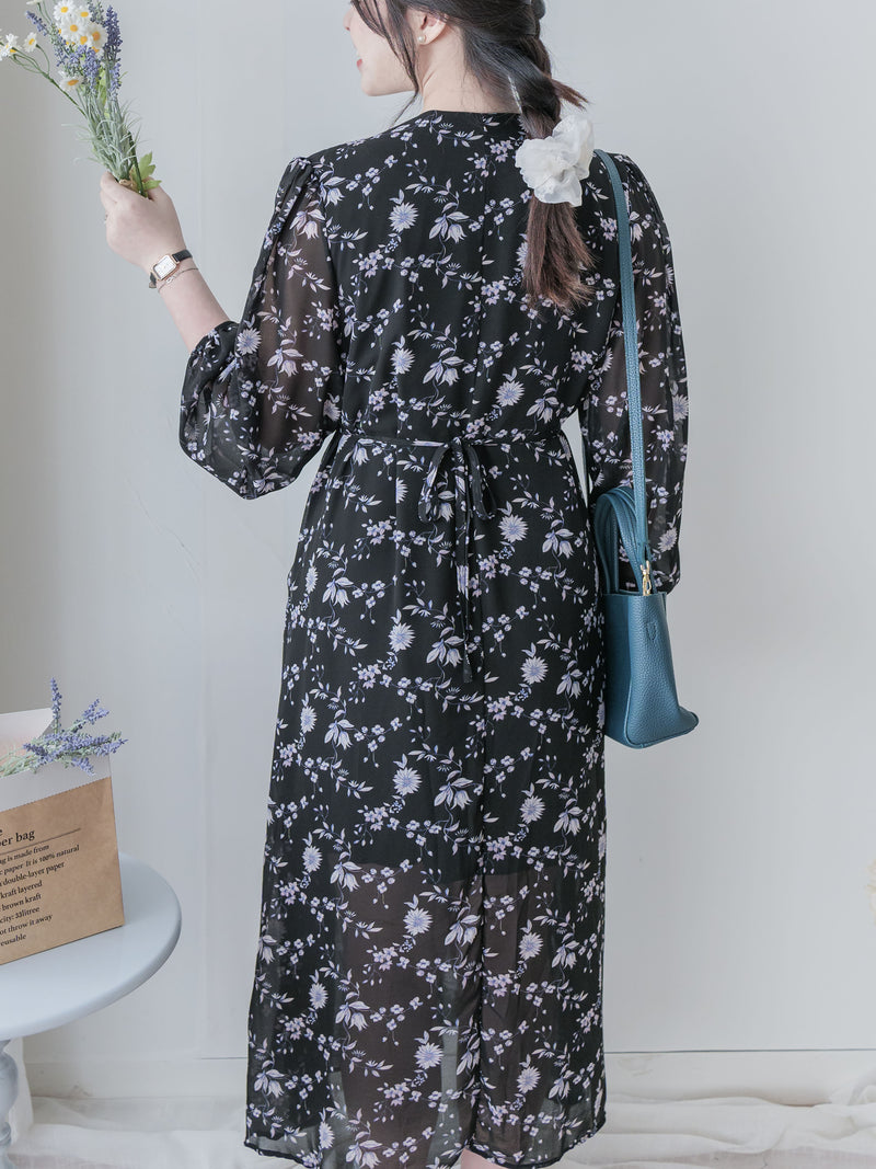 Lavender Daisy Dress 紫藍線條花顯腿長弧腰身口袋連身裙/ DS9997 (pre-order 10月9截單)