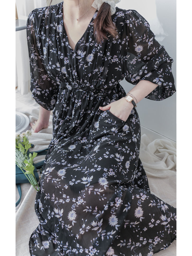 Lavender Daisy Dress 紫藍線條花顯腿長弧腰身口袋連身裙/ DS9997 (pre-order 10月9截單)