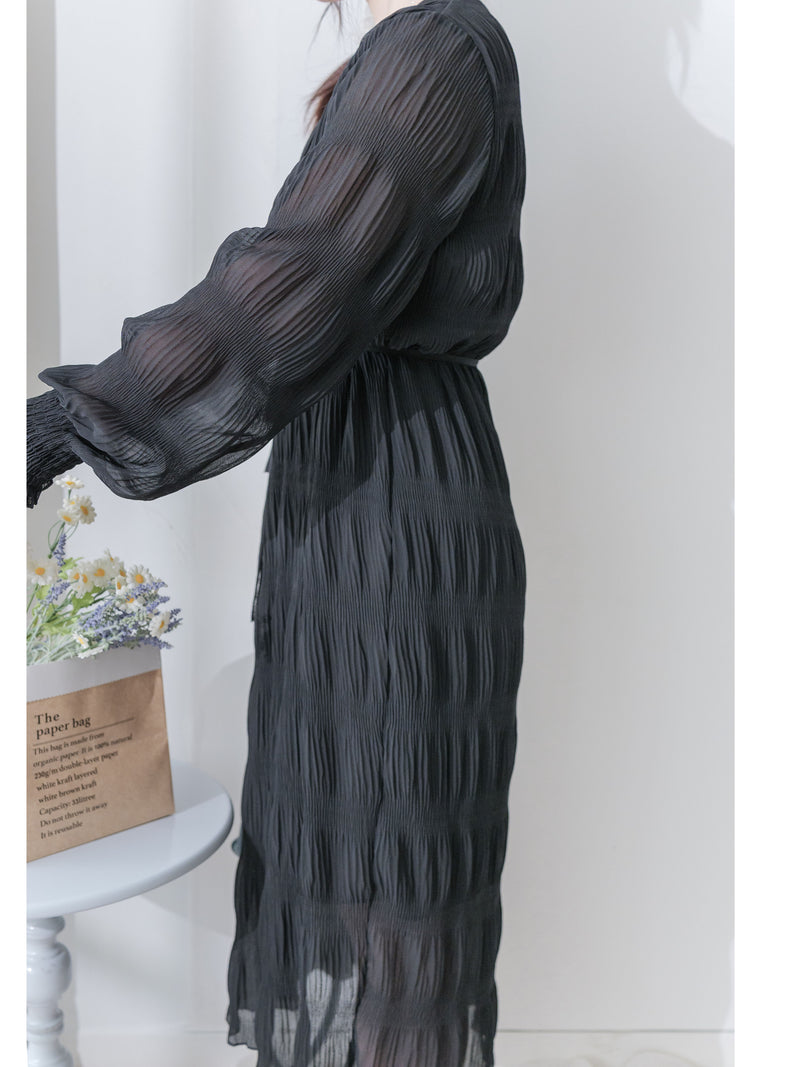 Ruffle Dress 雪紡全裡布皺紋細褶手袖修腰連身裙/ DS9990 (pre-order 10月9截單)